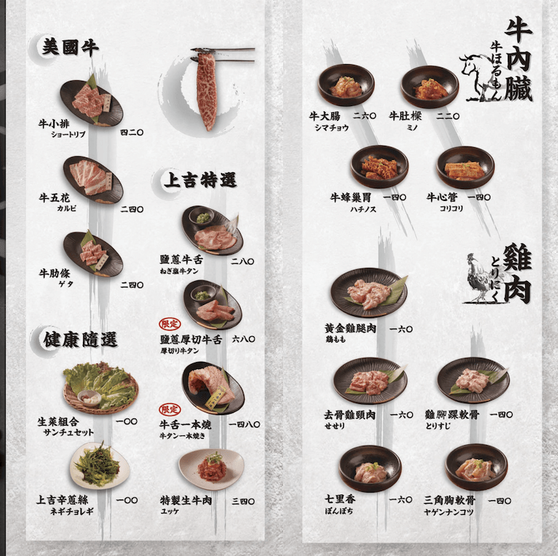 【台北上吉燒肉】日式職人代烤頂級和牛餐廳,入口即化好吃到差點咬掉舌頭! - 第5張圖 上吉燒肉菜單