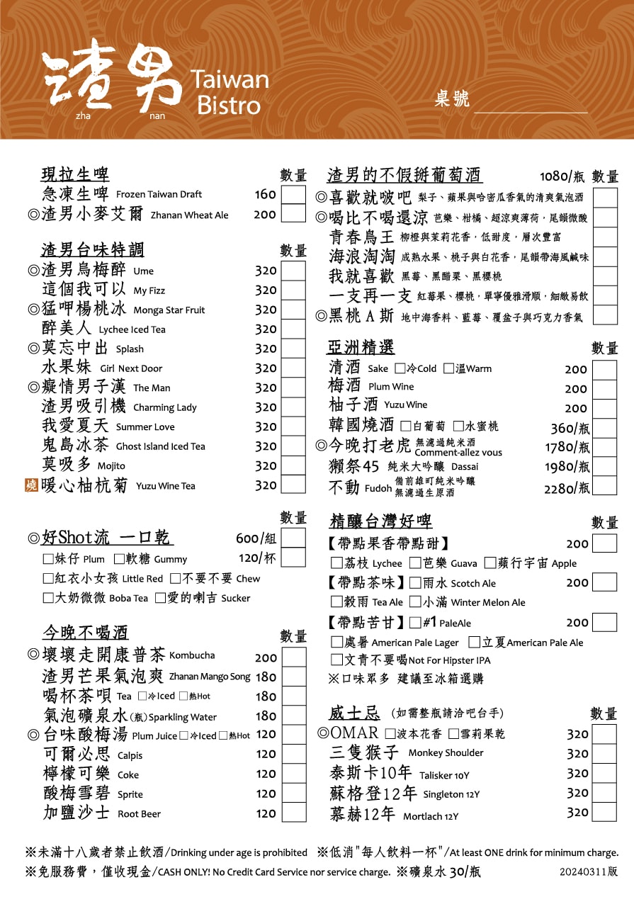 渣男Taiwan Bistro中山店菜單