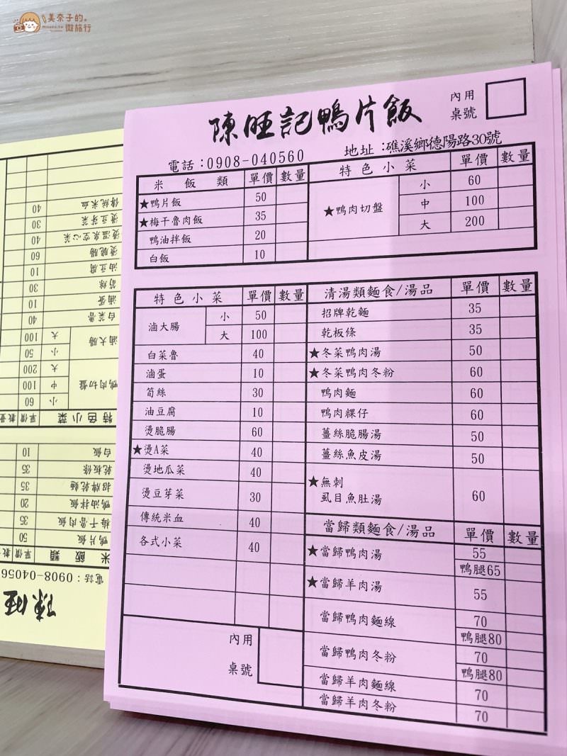 礁溪美食推薦│陳旺記鴨片飯 菜單