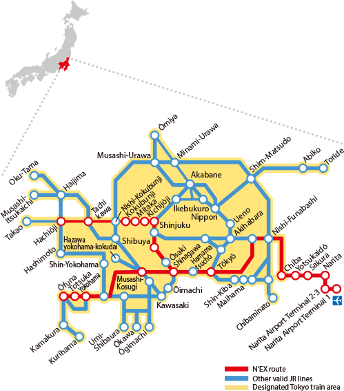 【成田機場到東京】2025成田特快N’EX買票取票方式、時刻表、路線圖分享,JR Pass可用! - 第2張圖 搭成田特快N'EX可以去哪裡?N'EX路線圖